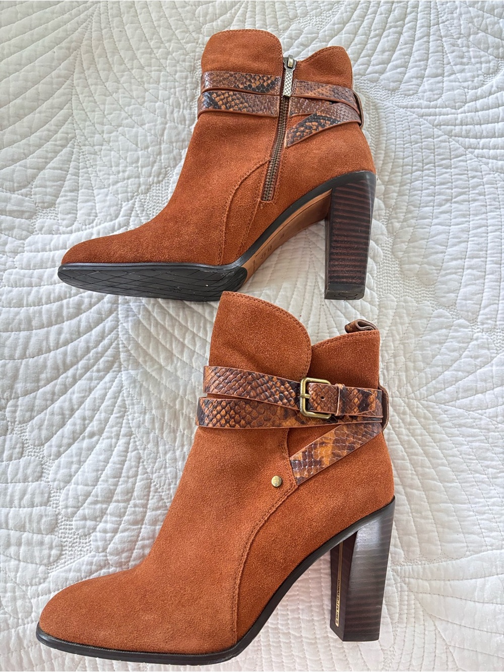 Donald J. Pliner Suede Ankle Boots in Rust with Snake-Print Strap - Picture 2 of 9